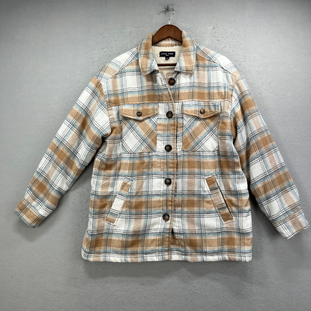 Love Tree Flannel Shacket Jacket Womens Large Brown Plaid Sherpa Lined Button Up